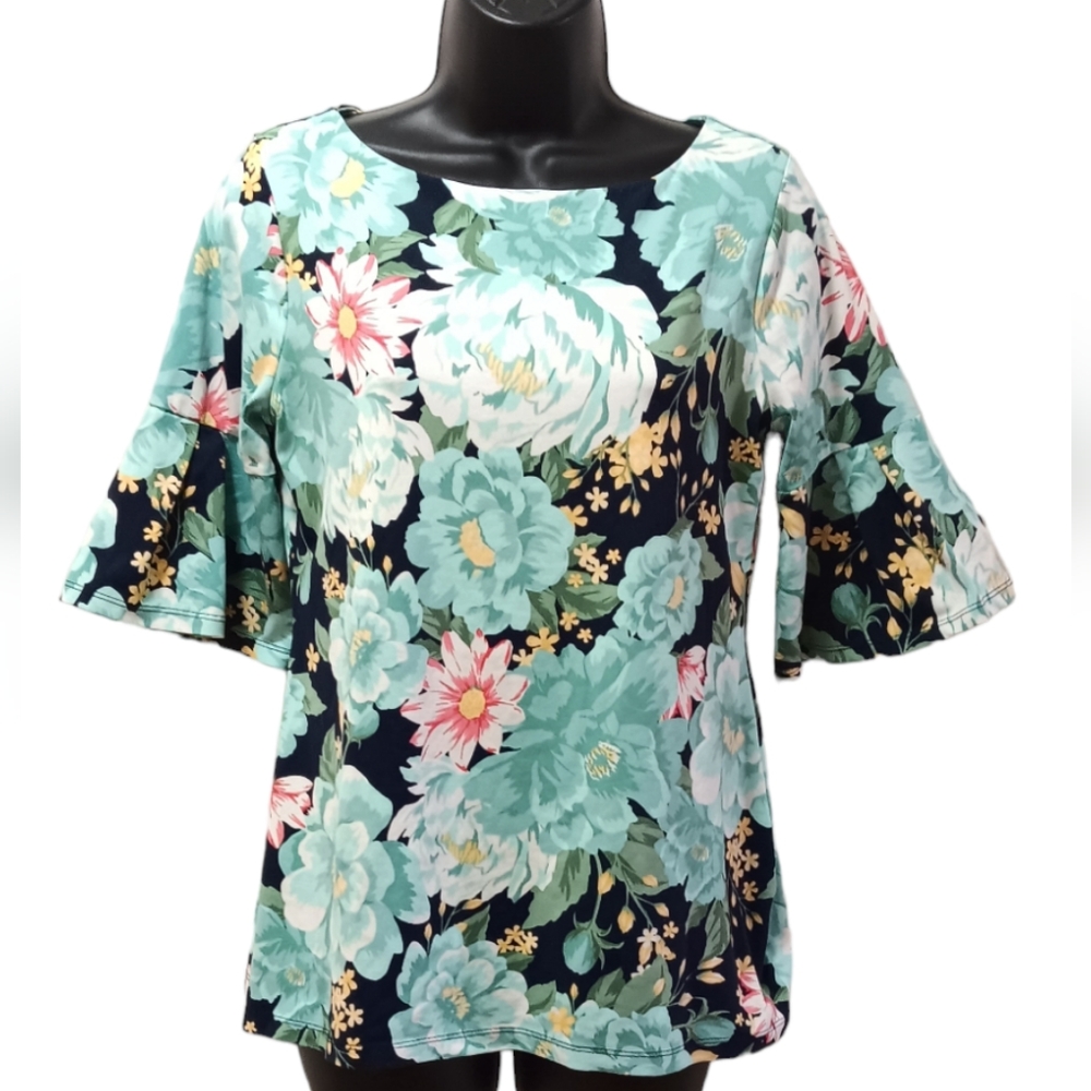 CHARTER CLUB FLORAL TOP WITH UPPER ARM COVERAGE BELL SLEEVES